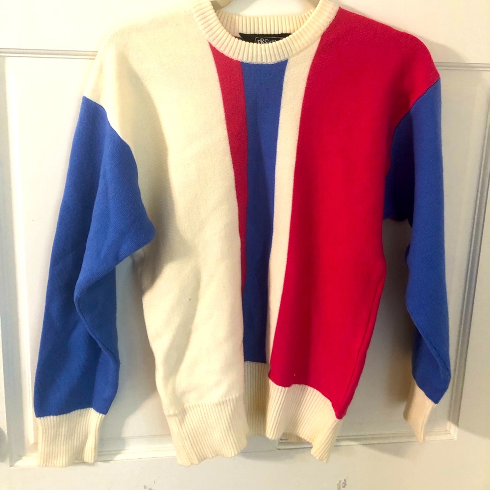 Vintage 80s 90s Wool Hot Pink Bluebird Ivory Color Block Sweater L